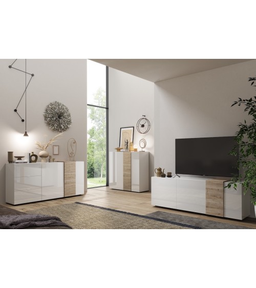 Buffet haut 2 portes VENUS blanc laqué brillant/Kadiz 121x114x44 cm