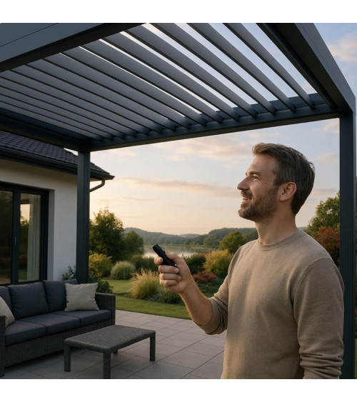 Pergola Angie bioclimatica motorizzata 3x3 – 2 tende e illuminazione LED