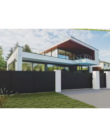 Portón corredero Vincent 300x150 cm en aluminio, acompañado de un portillo peatonal integrado de 100x150 cm