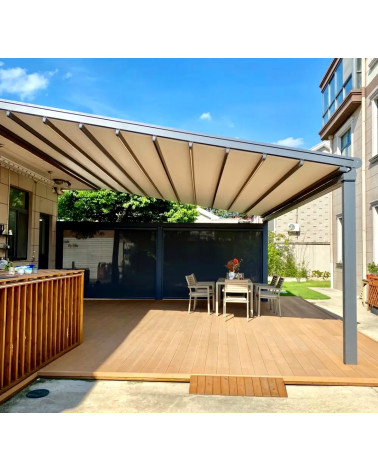 Pérgola Elisa III – 4 × 5 m em alumínio com teto retrátil e iluminação LED