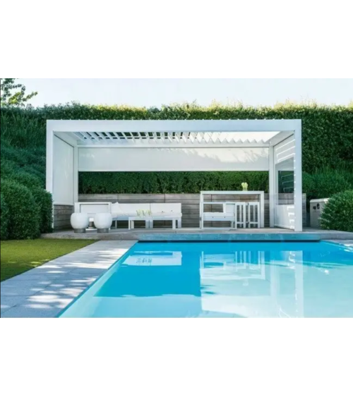 Pérgola Jane branca 4x4 m em alumínio com 3 estores laterais
