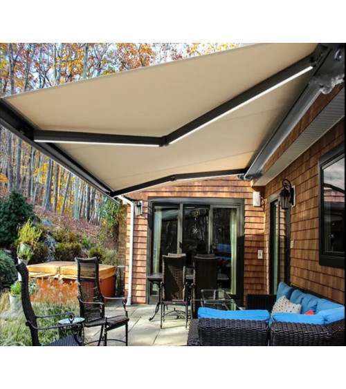 Tenda da sole beige 4,5×3,5 m con cassonetto integrale motorizzata con LED - Claire