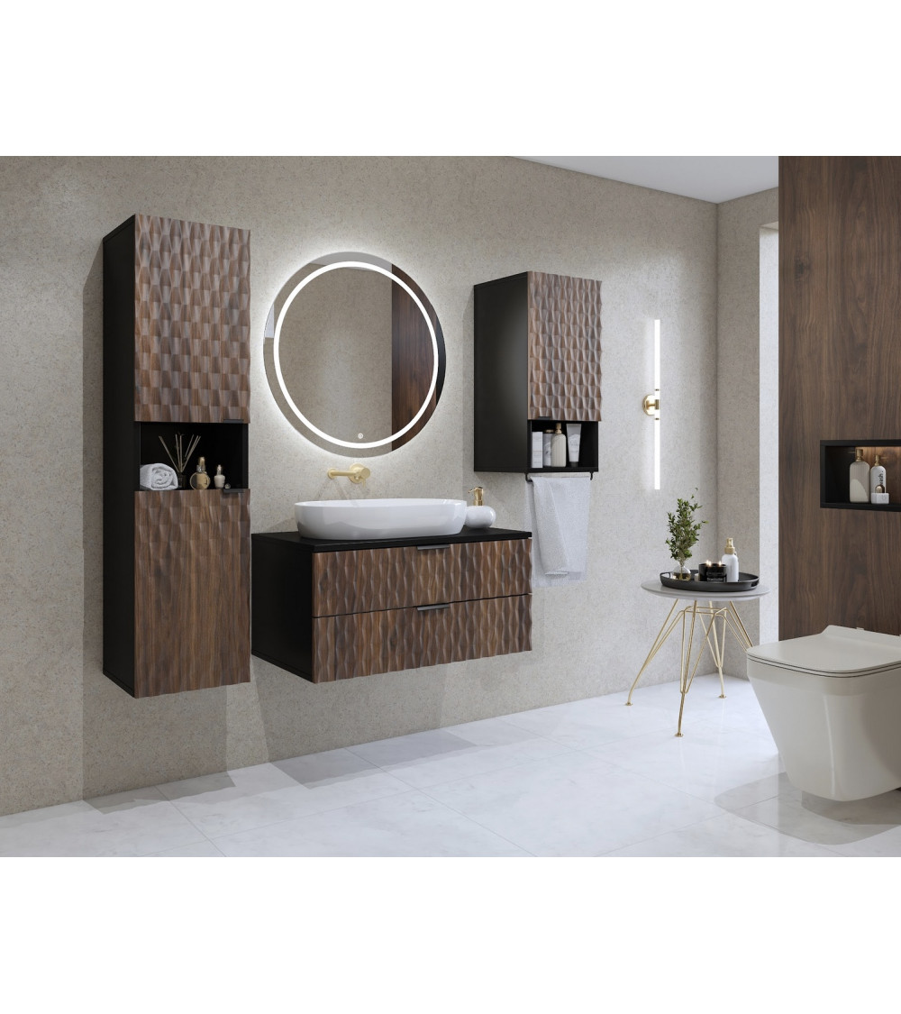 Ensemble BUENO BLANC LAQUE salle de bain L80 avec 1 colonne basse, 1 miroir-armoire et 1 meuble haut