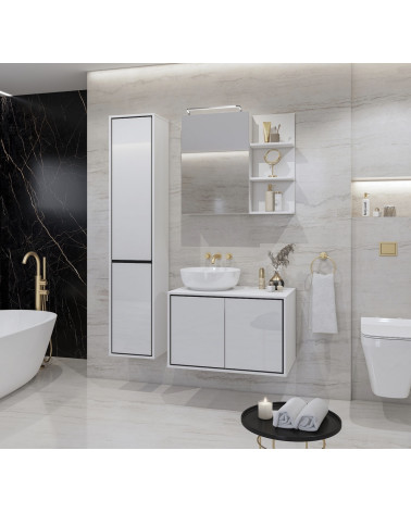 Ensemble BUENO BLANC LAQUE salle de bain L80 avec 1 colonne basse, 1 miroir-armoire et 1 meuble haut