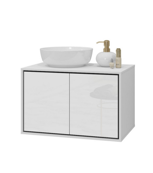 Ensemble BUENO BLANC LAQUE salle de bain L80 avec 1 colonne basse, 1 miroir-armoire et 1 meuble haut