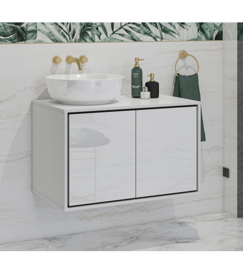 Conjunto de casa de banho BUENO WHITE LACQUER L80 com 1 coluna de base, 1 espelho de maquilhagem e 1 móvel alto