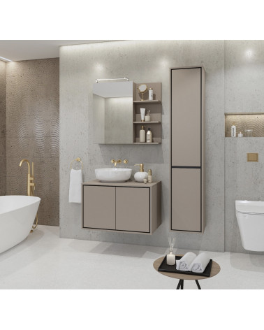 Ensemble BUENO BLANC LAQUE salle de bain L80 avec 1 colonne basse, 1 miroir-armoire et 1 meuble haut