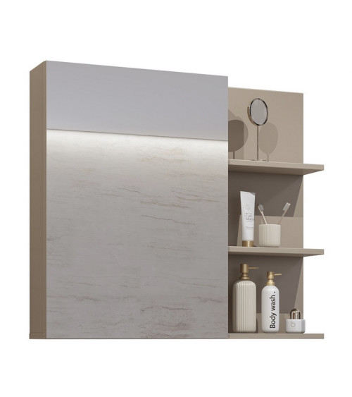 Ensemble BUENO BLANC LAQUE salle de bain L80 avec 1 colonne basse, 1 miroir-armoire et 1 meuble haut