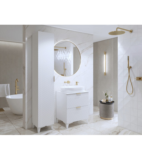 Ensemble BUENO BLANC LAQUE salle de bain L80 avec 1 colonne basse, 1 miroir-armoire et 1 meuble haut