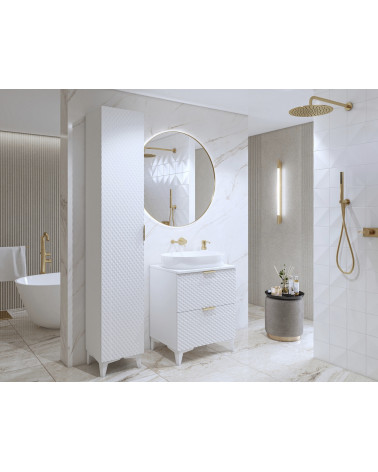 Ensemble BUENO BLANC LAQUE salle de bain L80 avec 1 colonne basse, 1 miroir-armoire et 1 meuble haut