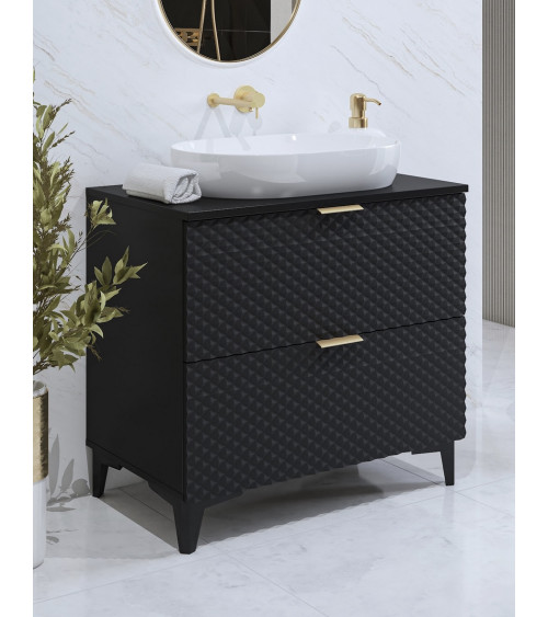 Ensemble BUENO BLANC LAQUE salle de bain L80 avec 1 colonne basse, 1 miroir-armoire et 1 meuble haut
