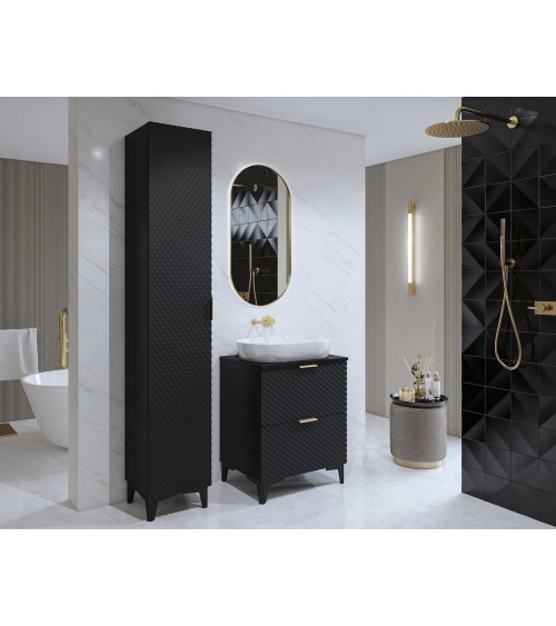Ensemble BUENO BLANC LAQUE salle de bain L80 avec 1 colonne basse, 1 miroir-armoire et 1 meuble haut