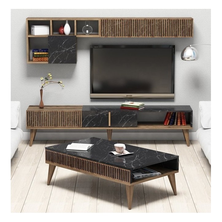 Salon complet TV MILAN marbre noir Salon complet TV MILAN marbre noir