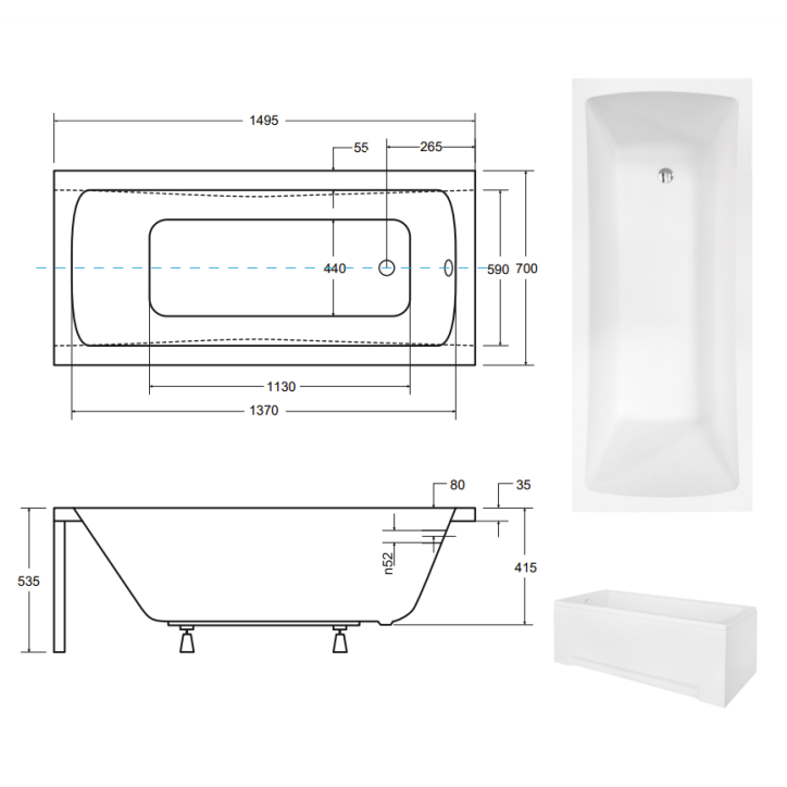 Baignoire MIRANO II avec tablier rainuré 140/150/160/170 x 70