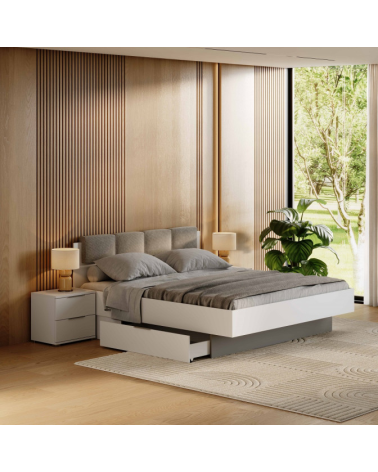 CAMA ASTO com mesas de cabeceira, lacado branco e carvalho claro 160x200 cm