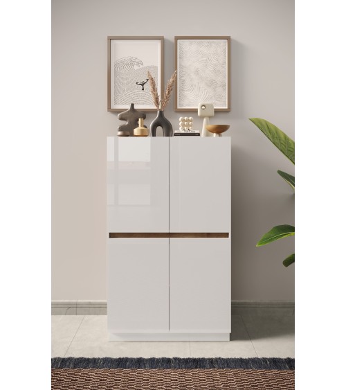 Buffet haut 4 portes FANTASY Blanc laqué/chêne Mercure 105 x 170cm