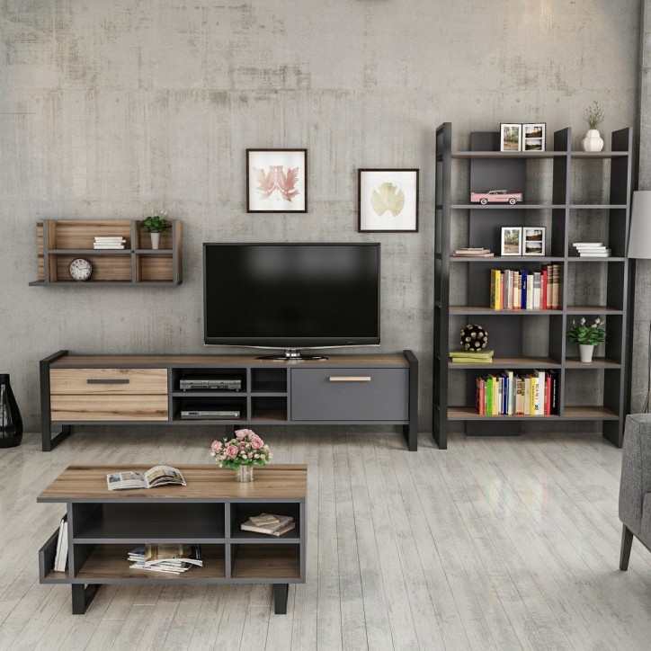 Salon complet Leno chêne clair et gris