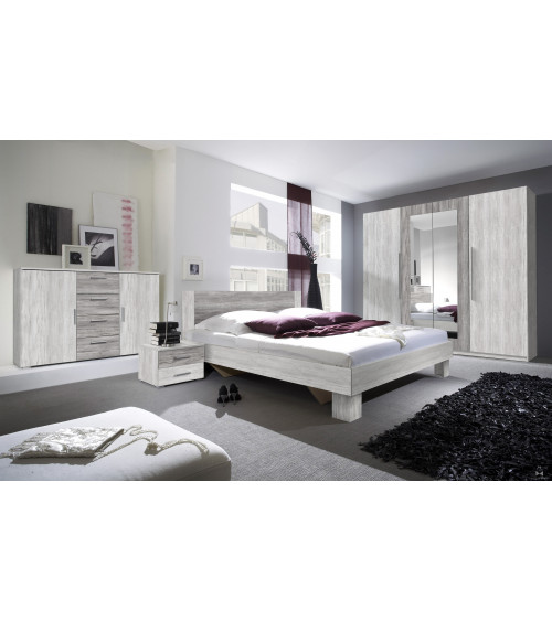 Lit + chevets VERA 180x200 cm , blanc et gris cérusé