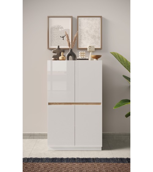 Buffet haut 4 portes FANTASY Blanc laqué/chêne Cadiz 105 x 170cm