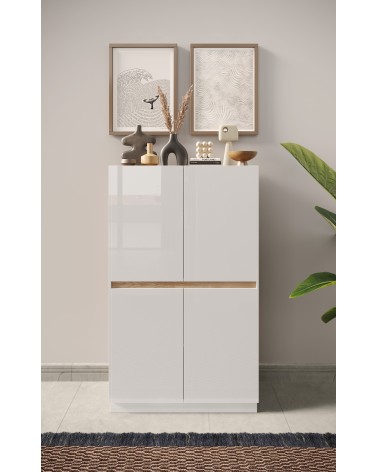 Buffet haut 4 portes FANTASY Blanc laqué/chêne Cadiz 105 x 170cm