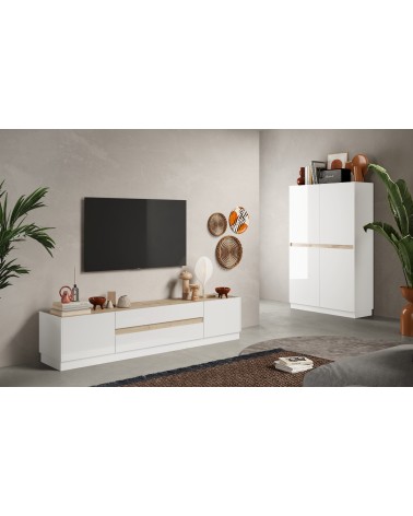 Buffet haut 4 portes FANTASY Blanc laqué/chêne Cadiz 105 x 170cm