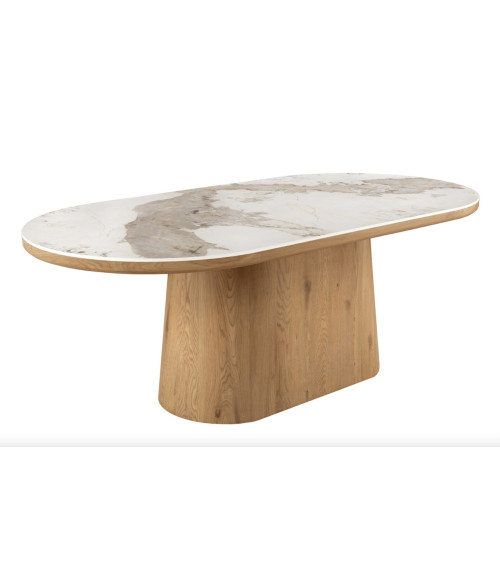 Mesa UNIQUE ovalada de 200 cm en mármol blanco y roble claro