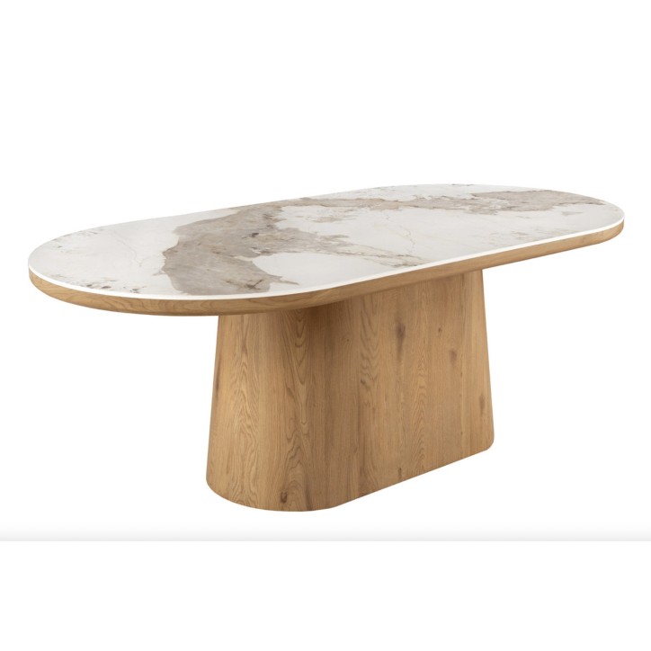 Table UNIQUE ovale 200 cm marbre blanc & chêne clair