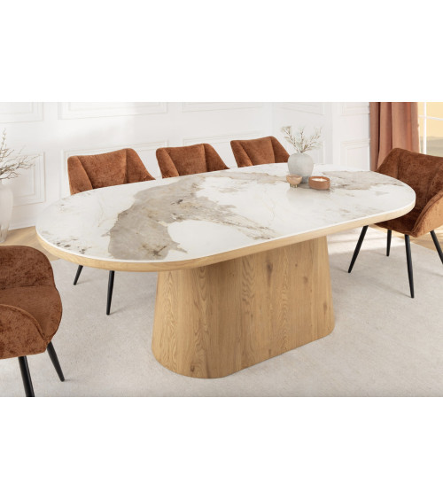 Mesa UNIQUE ovalada de 200 cm en mármol blanco y roble claro