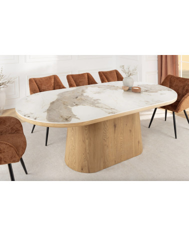 Mesa UNIQUE ovalada de 200 cm en mármol blanco y roble claro