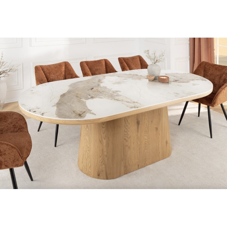 Mesa UNIQUE ovalada de 200 cm en mármol blanco y roble claro