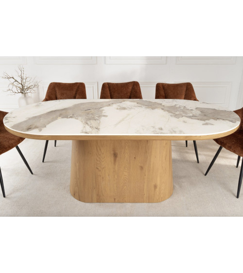 Table UNIQUE ovale 200 cm marbre blanc & chêne clair