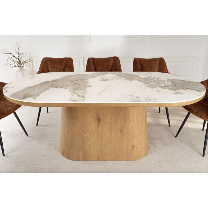 Table UNIQUE ovale 200 cm marbre blanc & chêne clair