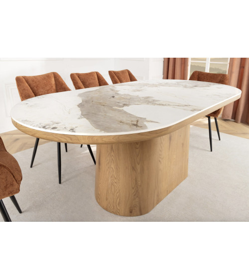 Table UNIQUE ovale 200 cm marbre blanc & chêne clair