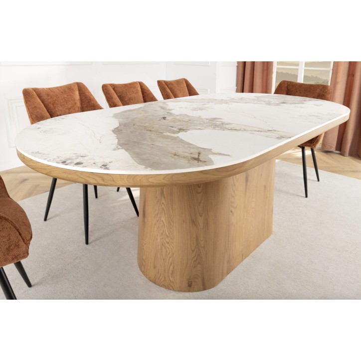 Table UNIQUE ovale 200 cm marbre blanc & chêne clair