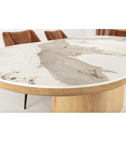 Table UNIQUE ovale 200 cm marbre blanc & chêne clair