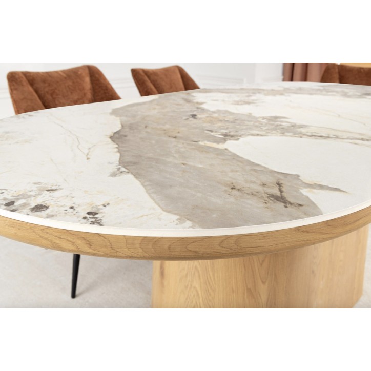 Mesa UNIQUE ovalada de 200 cm en mármol blanco y roble claro