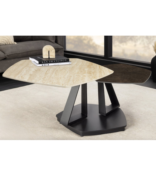 Table basse MOVEMENT 80-130 cm - Travertin naturel et rouille