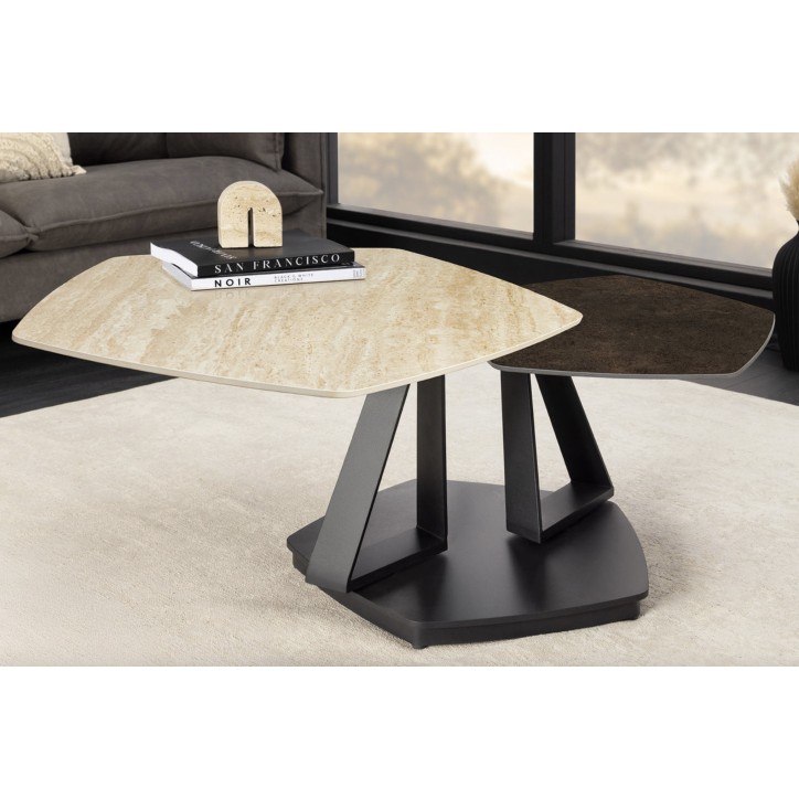 Mesa de centro MOVEMENT 80-130 cm - Travertino natural y óxido