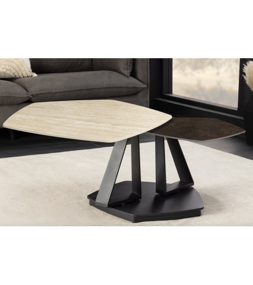 Table basse MOVEMENT 80-130 cm - Travertin naturel et rouille