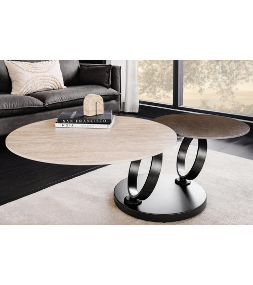 Table basse DANCING RINGS 80-135 cm - Travertin naturel et effet rouille