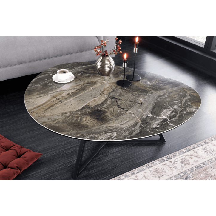 Table basse MARVELOUS 90 cm en céramique taupe et verre trempé