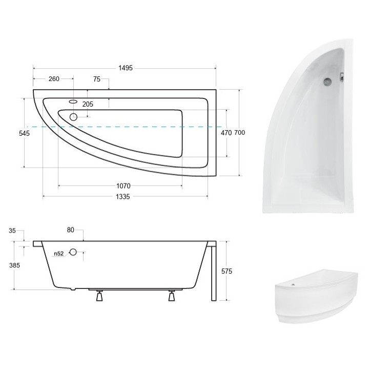 Baignoire d'angle ORIEGA 150 cm droite avec tablier et appui tête