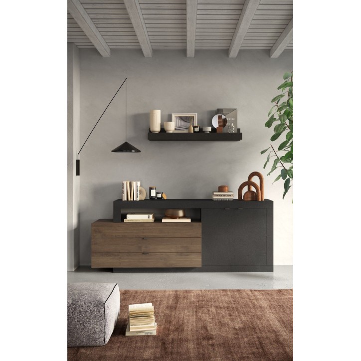 Buffet 2 portes + 3 tiroirs FREEDOM Lave/chêne Mercure 200 cm