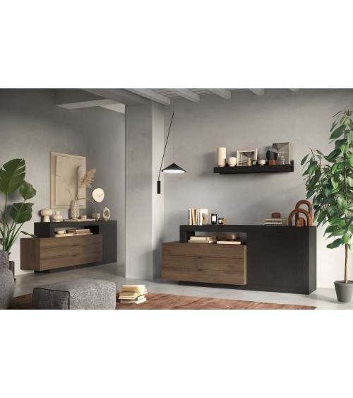 Buffet 1 porte + 3 tiroirs FREEDOM Lave/chêne Mercure 160 cm