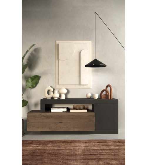 Buffet bas/Meuble TV 1 porte + 2 tiroirs FREEDOM Lave/chêne Mercure 160 cm