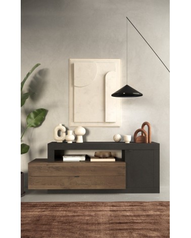 Buffet bas/Meuble TV 1 porte + 2 tiroirs FREEDOM Lave/chêne Mercure 160 cm