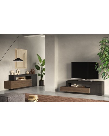 Buffet bas/Meuble TV 1 porte + 2 tiroirs FREEDOM Lave/chêne Mercure 160 cm