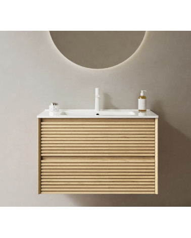 Conjunto de casa de banho BUENO WHITE LACQUER L80 com 1 coluna de base, 1 espelho de maquilhagem e 1 móvel alto