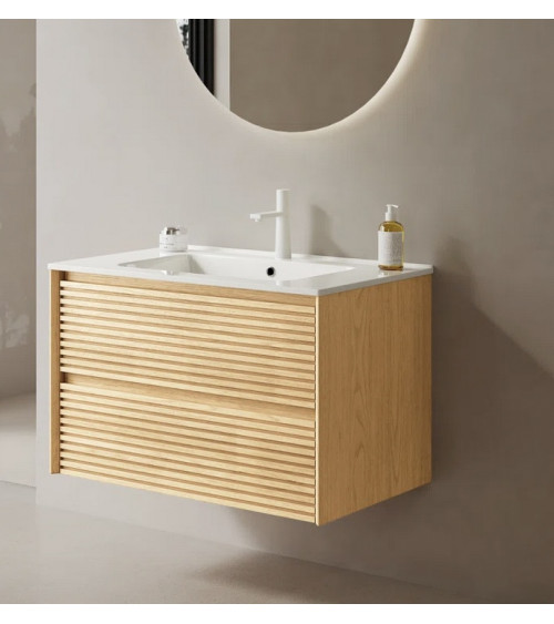 Ensemble BUENO BLANC LAQUE salle de bain L80 avec 1 colonne basse, 1 miroir-armoire et 1 meuble haut