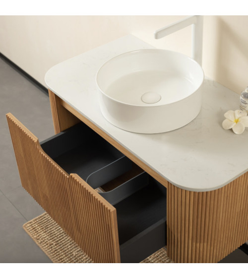Ensemble BUENO BLANC LAQUE salle de bain L80 avec 1 colonne basse, 1 miroir-armoire et 1 meuble haut